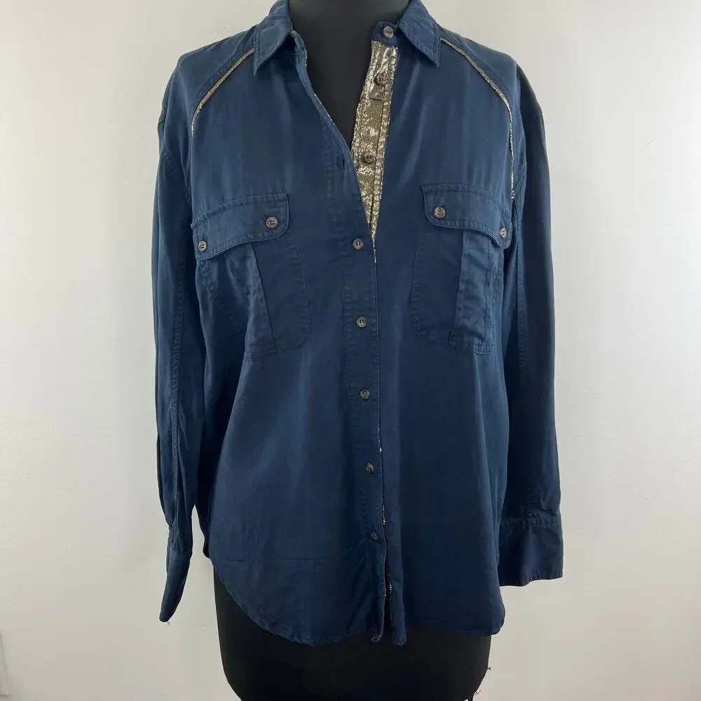 Free People Blue Off Campus Button-Down Long Sleeve Tencel Women's Shirt Size S